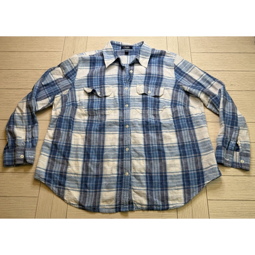 Chaps Women Button Up Linen Blend Blue Plaid Long Sleeve Shirt Top Classic 2X